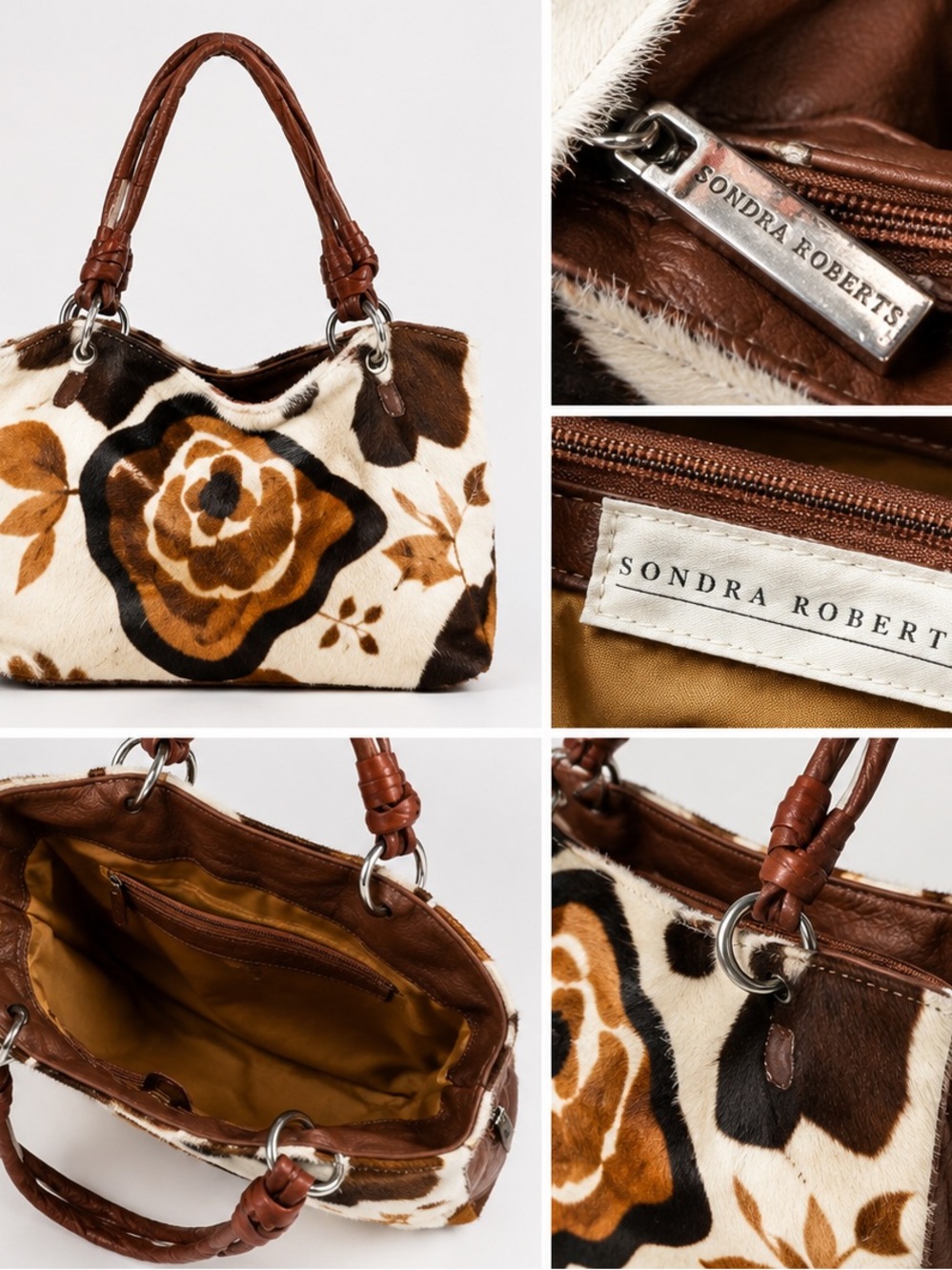 Sondra Roberts Brown, Cream & Black Floral Haircalf Shoulder Bag